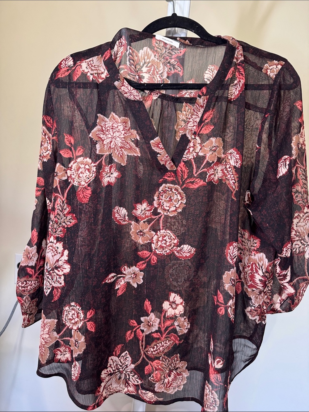 Maurices Black Sheer Floral V-Neck Blouse with Pink Accents